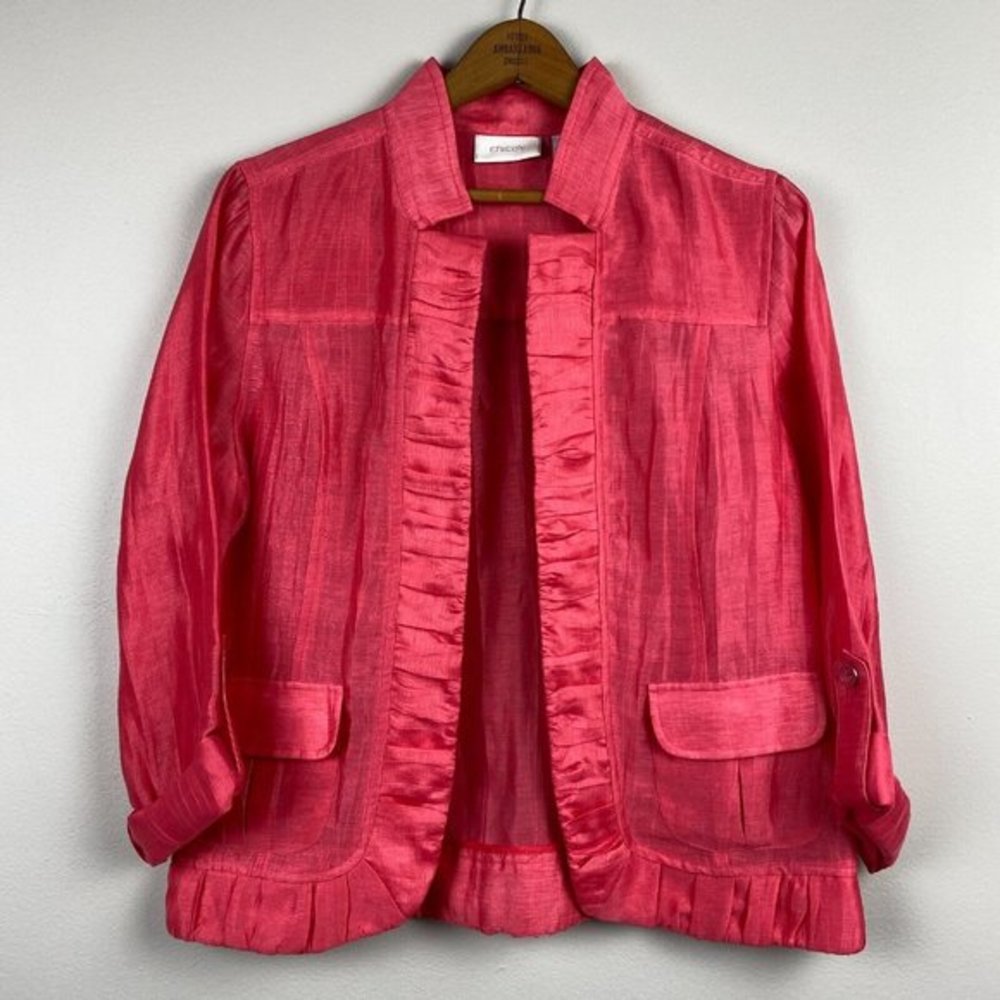 Chicos Linen Blend Jacket 0 Coral Pink Sheer Open Long Tabbed 3/4 Sleeve
